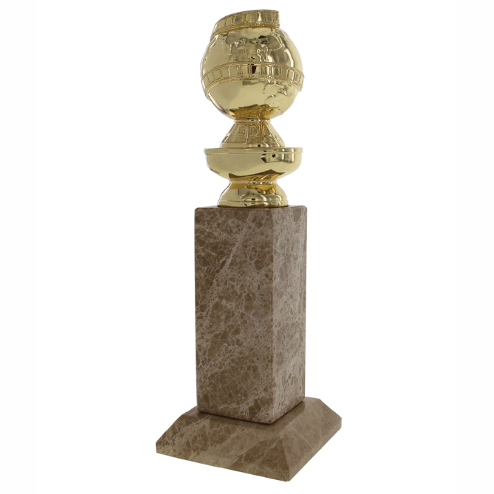 Golden Globe custom metal form is plated in several stages before receiving its final 24k gold plating and a hand-polishing mounted atop a marble base.