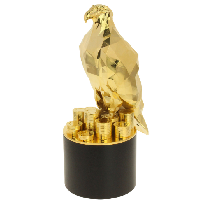 This prismatic gold trophy is custom crafted for the American Gambling Awards. This prestigious award combines an iconic yet modern eagle in rare form standing atop a pile of poker chips.