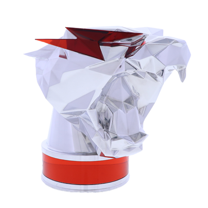 MrBeast 200 million subscriber custom award is made of machined aluminum with red acrylic accents to create MrBeast's logo