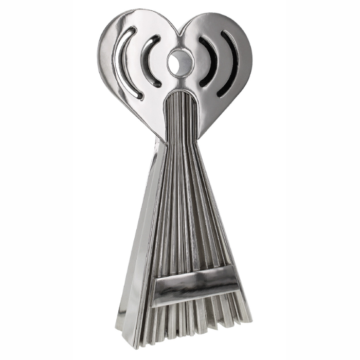iHeart Radio Award Complex metal trophy with extruded letters visible on base. Form is electroplated in chrome nickel and hand-polished to a mirror shine.