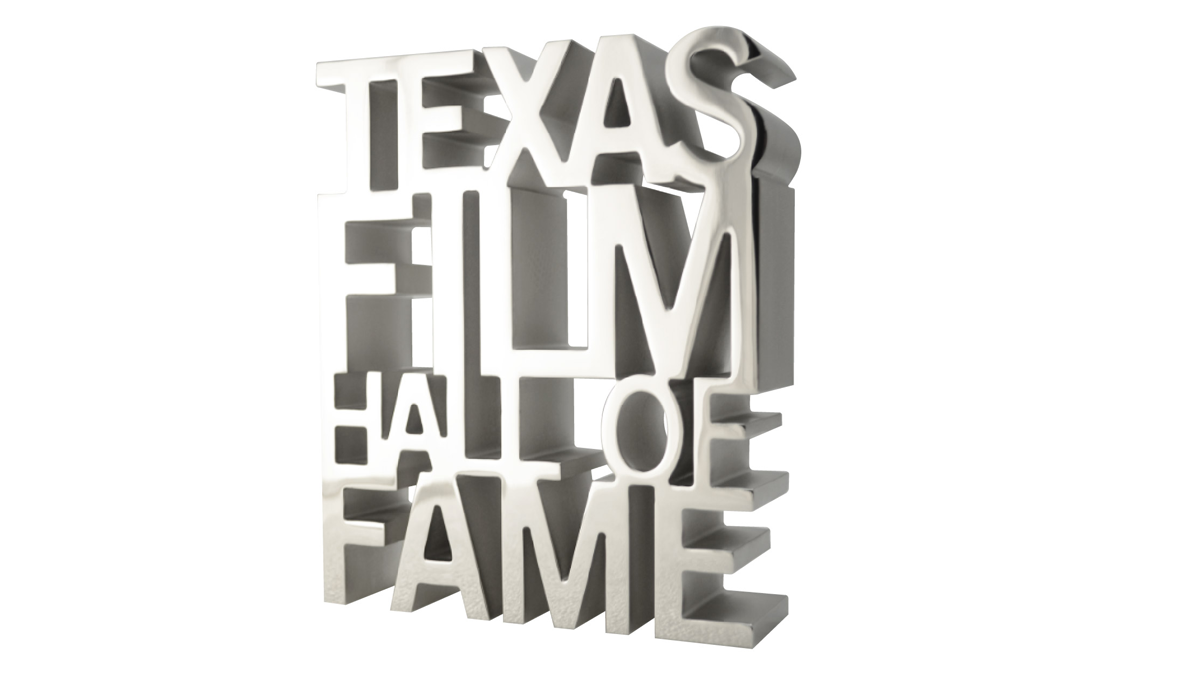 Texas Film Hall of Fame Award, made of metal with precision detailing. Designed as stacked, extruded letters spelling the program