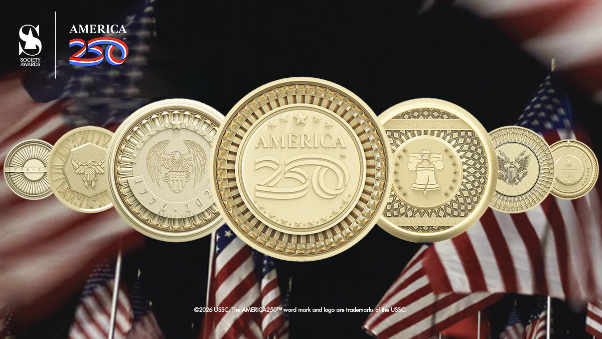 America250 Commemorative Medals made of die-struck bronze depicting unique designs made exclusively by Society Awards
