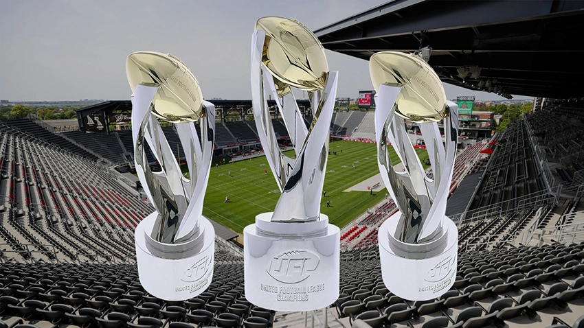 The 2026 UFL Championship Trophy. Custom football trophy made of shiny silver and gold electroplating