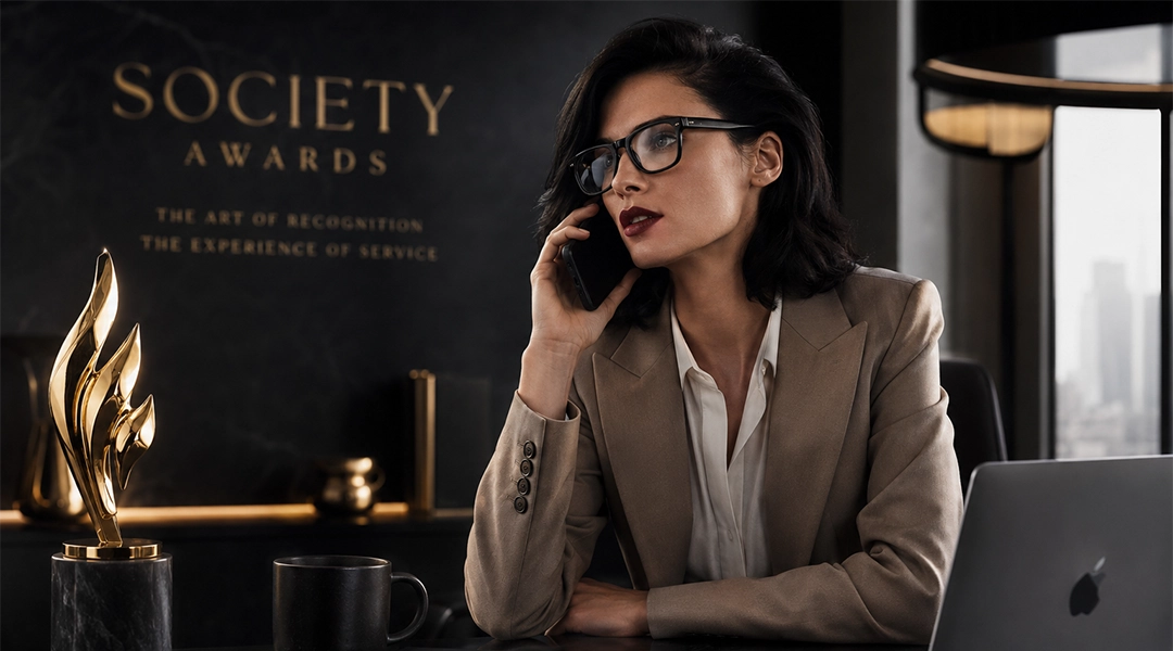 Model on phone in office with Society Awards Flame Trophy