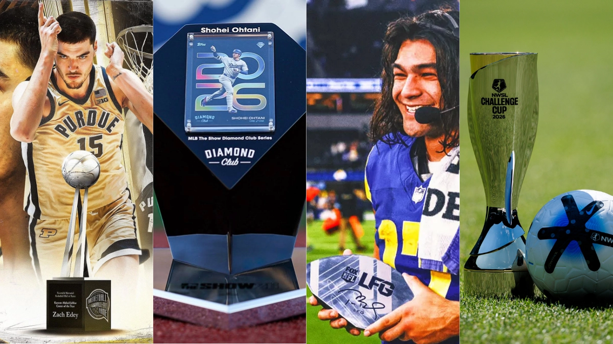 A collage of luxury custom sports awards for basketball, football, soccer, and baseball, all made by Society Awards