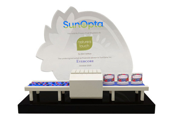 Crystal strawberry background to the frozen fruit conveyor belt foreground