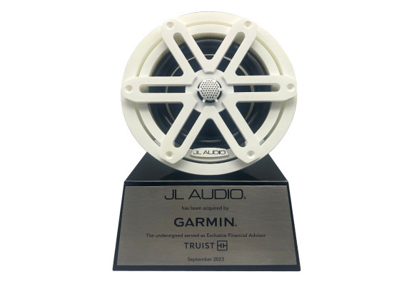 Custom speaker award atop a black base