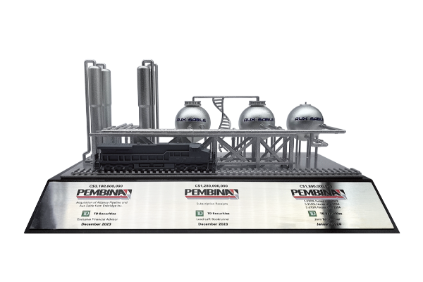 Gas storage tombstone with a realistic replica facility made of resin on a black crystal base