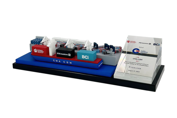 Resin and crystal deal toy that is a low poly recreation of a shipping tanker loading at port