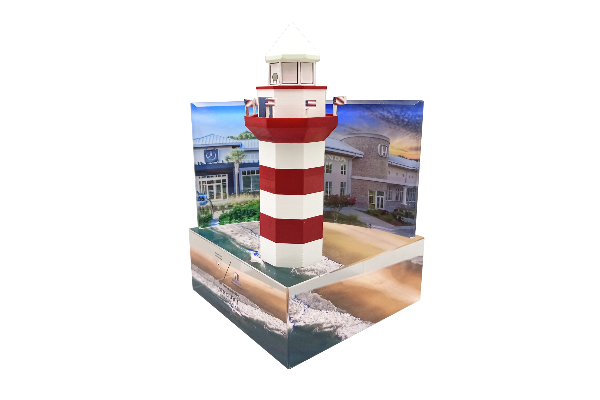 Impressive 3-D printed lighthouse deal gift with a curved rectangle backdrop and shoreline screened on bottom