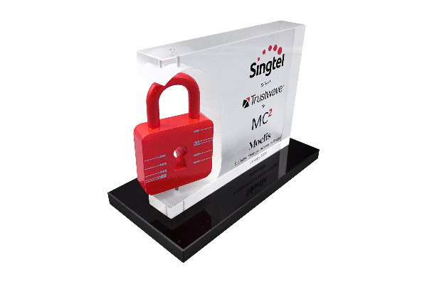 Data security financial tombstone with spinning duotone lock inside a crystal cutaway