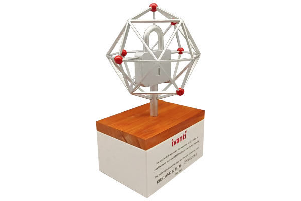 3D printed technology deal toy with a rotating lock on a custom natural stained wood base