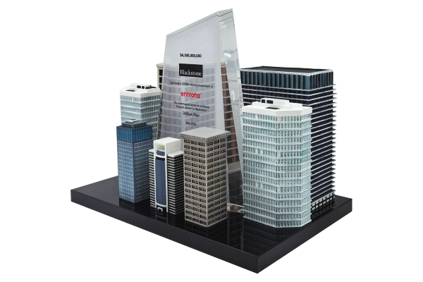 Modern resin and crystal financial tombstone featuring a city in 3D