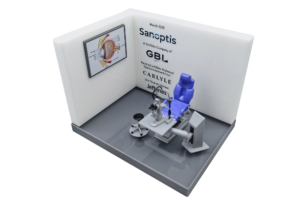 Lucite tombstone with a recreation of an optometrist office on a grey crystal base