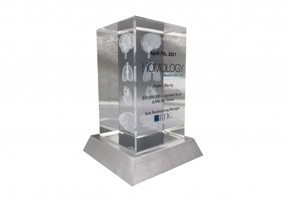 Crystal deal toy with 3D etched organs, with printed logos and detailed tombstone text.