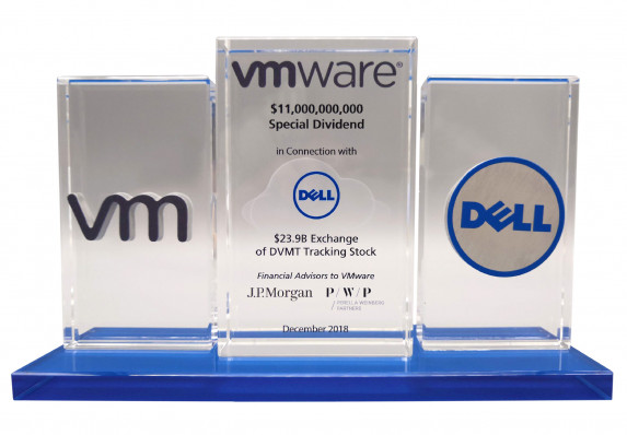 Three crystal plaques custom deal toy with large tech company logos and financial transaction details. Presented on a brilliant blue base for a modern look.
