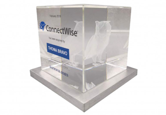 Crystal cube deal toy with a 3D etched owl, logos and detailed tombstone text.