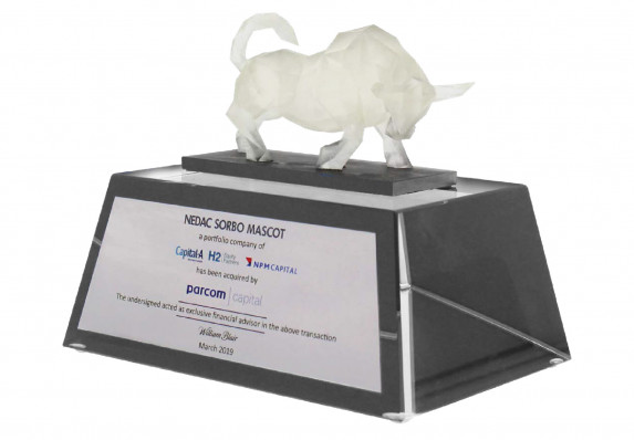 A luxury custom financial tombstone with an American made, 3D printed charging bull crafted by Society Awards Finance Group for an acquisition deal.
