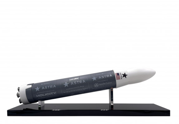 A custom financial deal gift with a 3D printed rocket atop a crystal base.