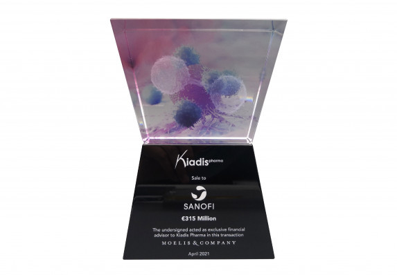 Crystal tombstone with an elegant tapered shape is accented with color print for a financial acquisition.