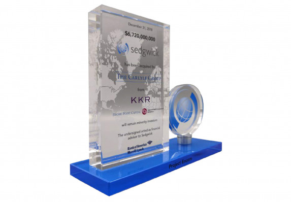 This financial tombstone commemorates a multi-billion dollar technology acquisition deal. The piece features a reverse-etched world map, color printed logos and a separate cut out logo.