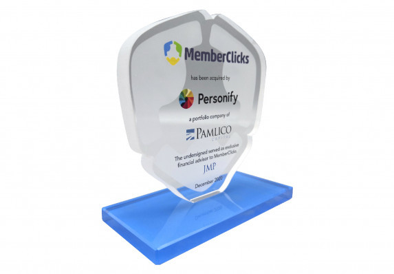 A high-end logo-based deal gift with color bank logos mounted on a blue base. This unique tombstone plaque was crafted to mark the occasion of a cloud-based membership and automation software.