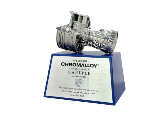 Aerospace financial tombstone made of crystal with a custom engine turbine on base
