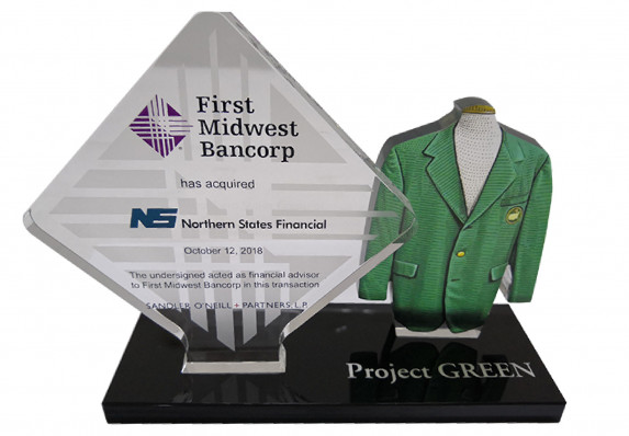 Two plaque deal toy presented on etched base. Includes a reverse printed logo plaque with text and logos and a custom-cut color printed plaque.