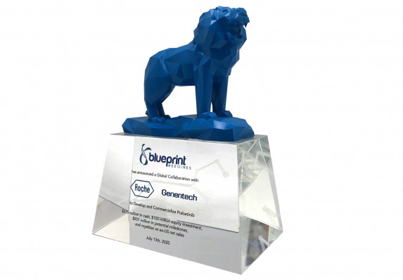 This custom deal gift includes a 3D printed top sculpture on a 3D etched crystal base with the tombstone details.