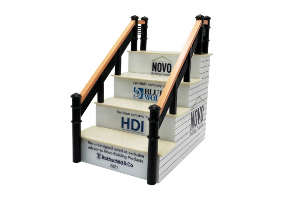 This custom deal gift features a 3D printed staircase representing a manfucaturer acquisition with the tombstone details.