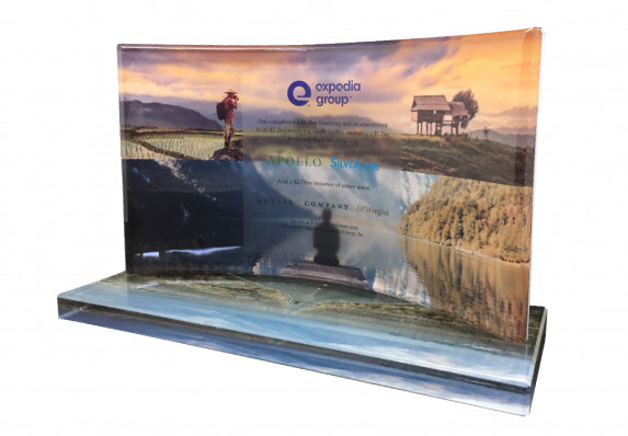 A custom crystal plaque with brilliant color reverse-printed imagery for a financing transaction.