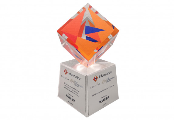 Custom color printed crystal cube mounted on tapered base with details of a financial transaction.