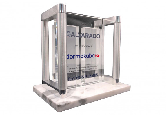 Metal, marble and crystal deal toy plaque created to commemorate a company acquisition transaction.