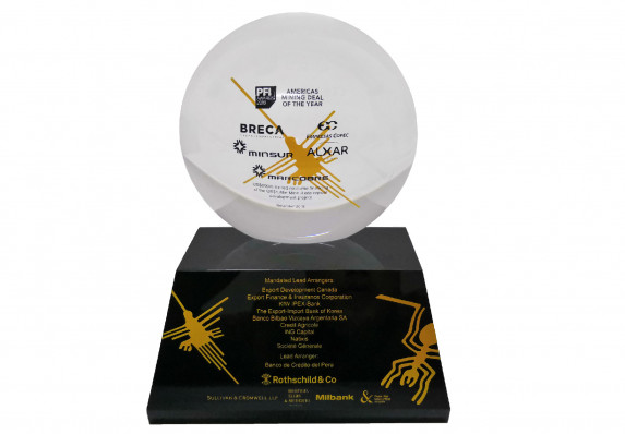 Clear globe with color logo is mounted on tapered black base. This deal included a large group of stakeholders to represent, thus two distinct pieces were individually personalized and combined.