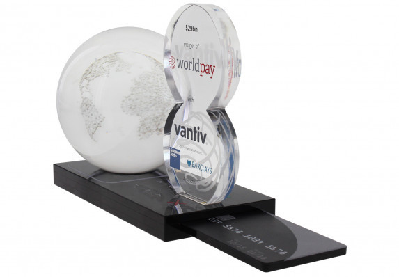 Custom crystal deal toy for a merger. Has removable credit card and 3D etched globe