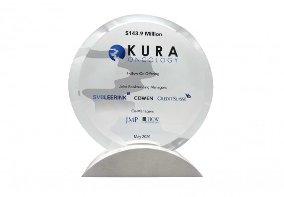 Follow-on offering deal gift with printed and etched crystal tombstone plaque on aluminum metal base.