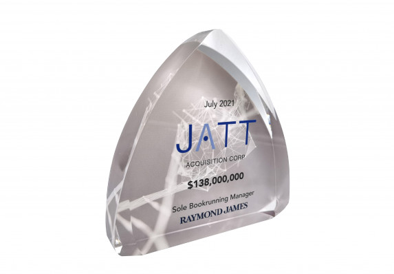 Custom crystal financial tombstone with color printed transaction details.