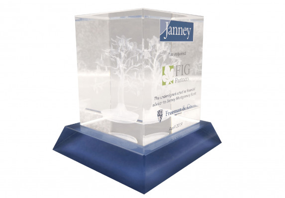 A 3D etched tree inside a crystal cube with color printing provides the central focus for this exquisite custom financial acquisition tombstone.