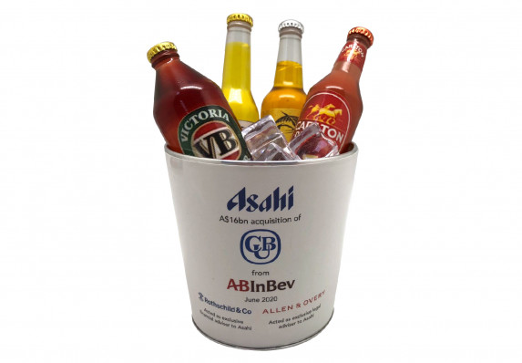 A luxury crafted deal gift for a large beverage industry deal. This unique piece contains models of the brand's products.