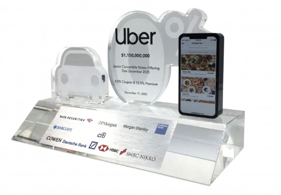 A custom deal toy for a large tech brand's senior convertible notes offering. This unique financial tombstone includes color logos on a silver plaque along with custom-cut icons to indicate the company's product lines.