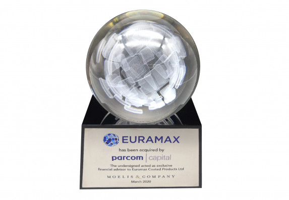 A custom financial tombstone with a 3-D etched crystal globe mounted on an elegant tapered base. This high-end deal gift was presented for a brand acquisition.