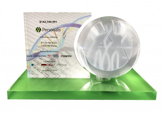 Exceptional custom deal toy with green crystal base, 3D etched globe and color printed tombstone plaque for a follow-on offering.