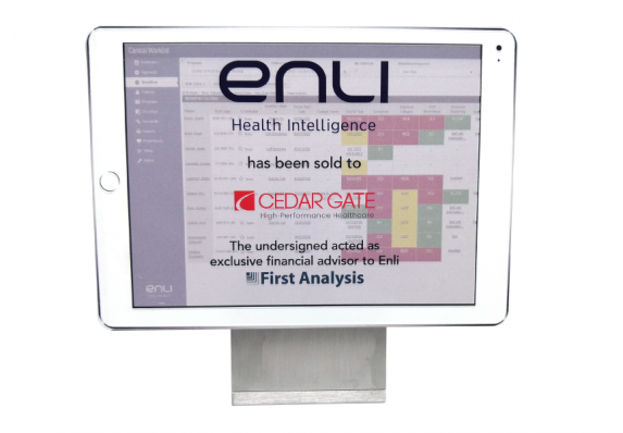 Technology company acquisition Financial Tombstone with Custom Mocked-up tablet, color logos, and program background.