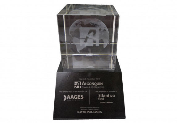 Clear crystal deal toy with 3d etched logo and globe on a tapered black tombstone base with colorfill text and logos.