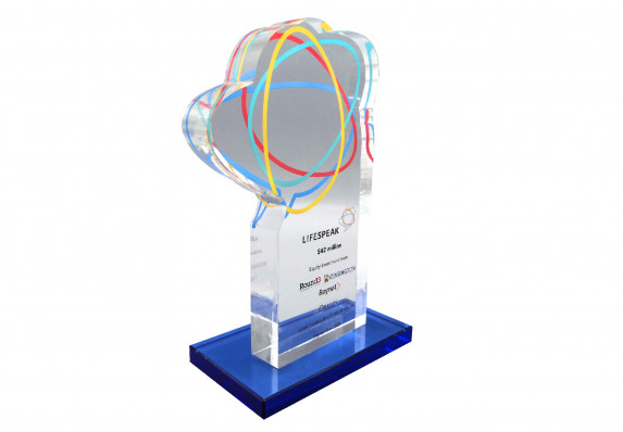 A luxury deal gift crafted for an equity investment transaction. The central plaque is a custom-cut logo with color printing and is mounted on an elegant blue base.