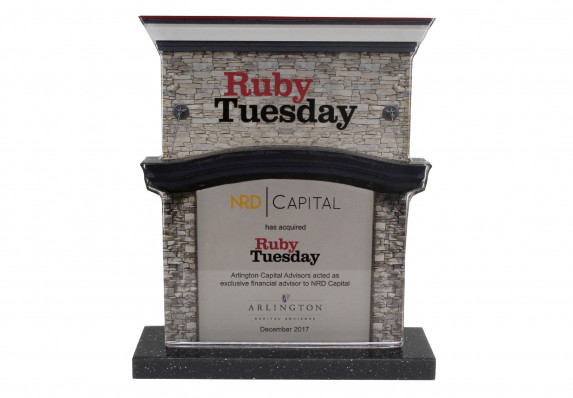 Financial tombstone created in acrylic with color images and logos to create a mock up of the brand's signature food chain store front.