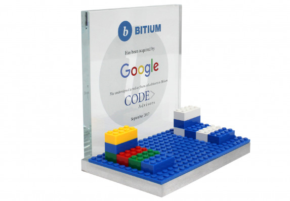 Financial deal gift plaque with etched logo and color printing. Detailed with colorful toy blocks.