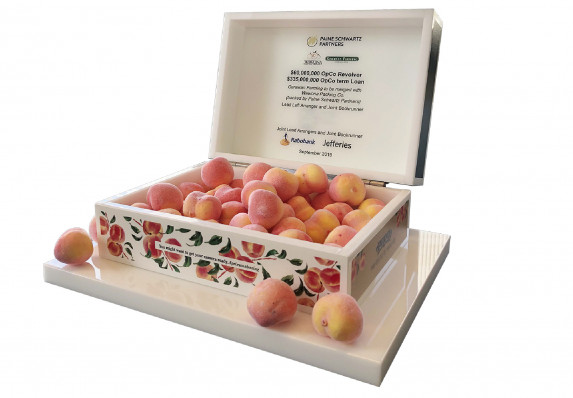 A highly-detailed and striking financial tombstone to commemorate a foreign merger deal.