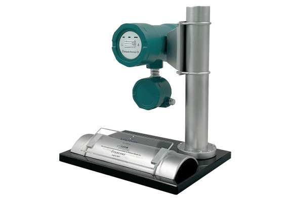 Industrial deal tombstone that is a recreation of a measuring device utilizing 3-D printing technology and black crystal