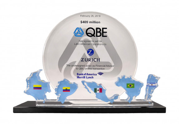 A high-end acrylic tombstone created to commemorate a large financial transaction. The deal gift features color maps and flags of various Latin and South American countries involved in the transaction.